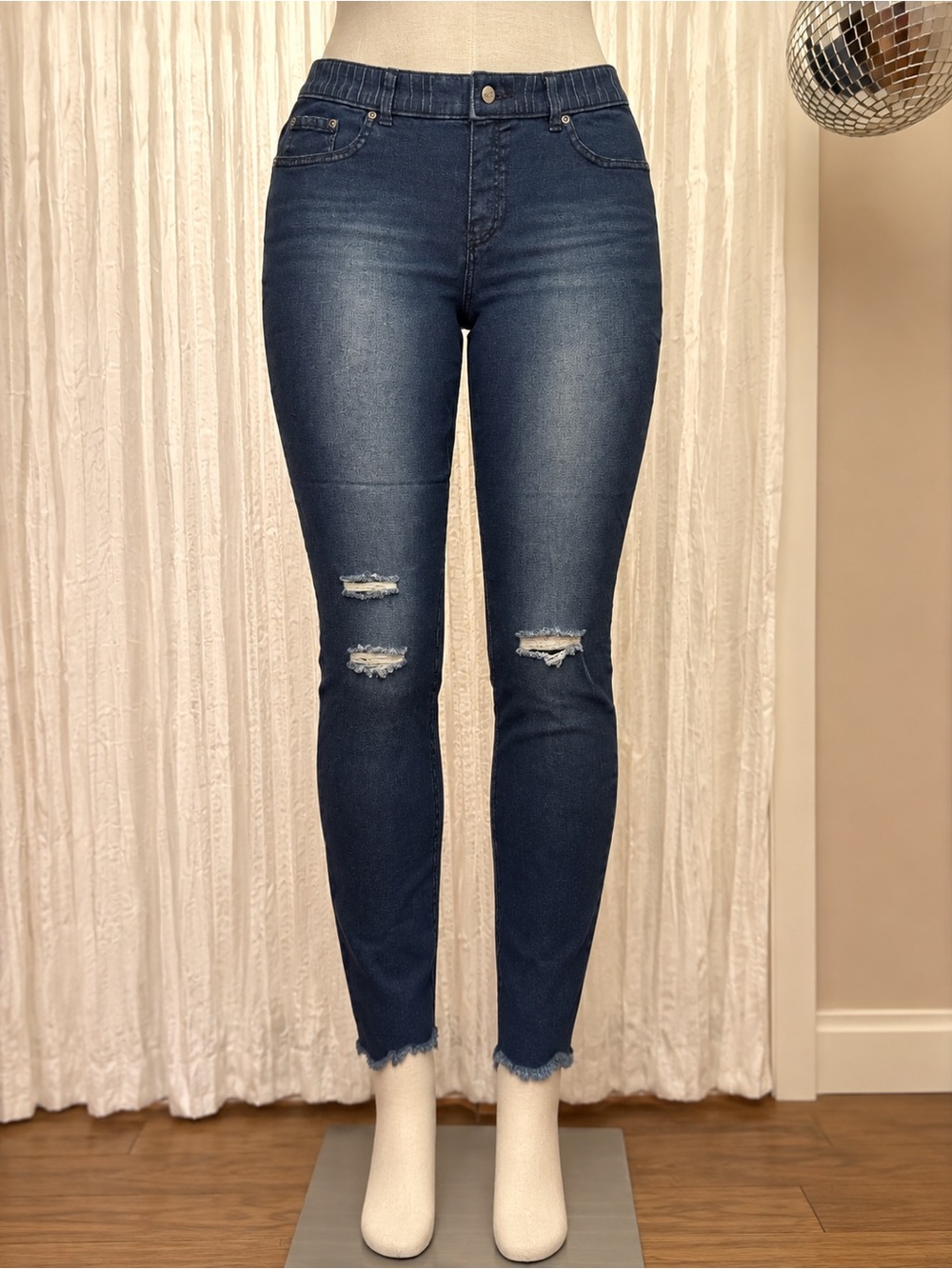 HUE Dark Blue High-Rise Skinny Jeans with Knee Distress